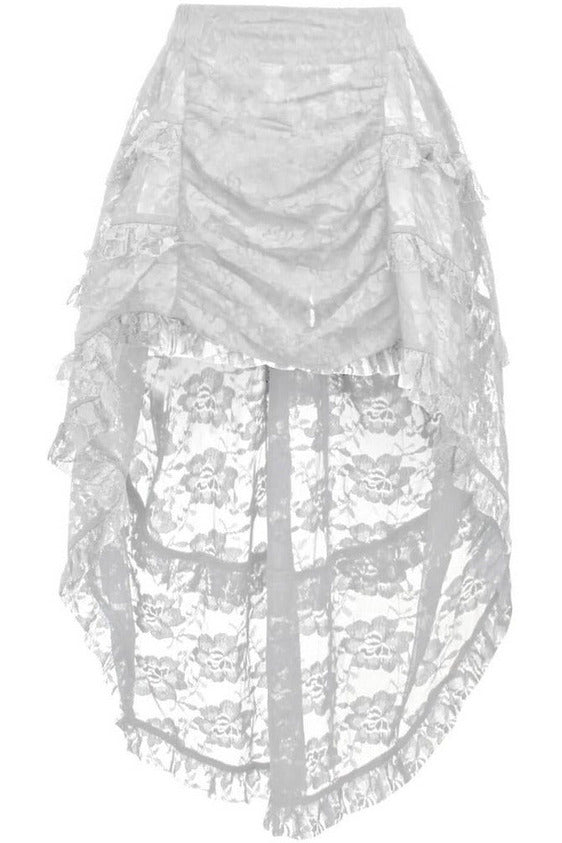 White Lace Ruched Front High Low Lace Skirt.