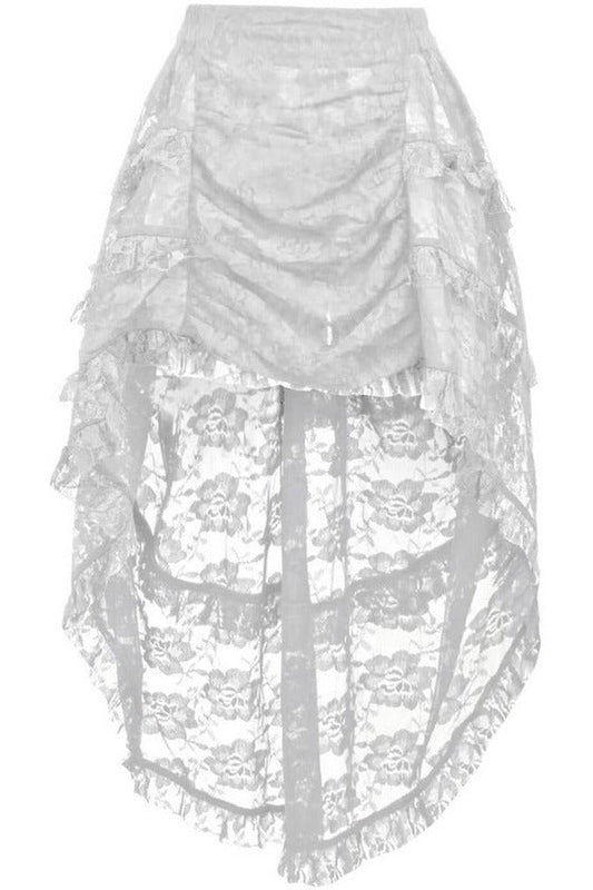 White Lace Ruched Front High Low Lace Skirt.