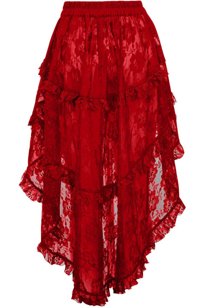 Red Lace Ruched Front High Low Lace Skirt.