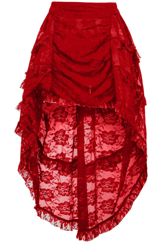 Red Lace Ruched Front High Low Lace Skirt-Daisy Corsets