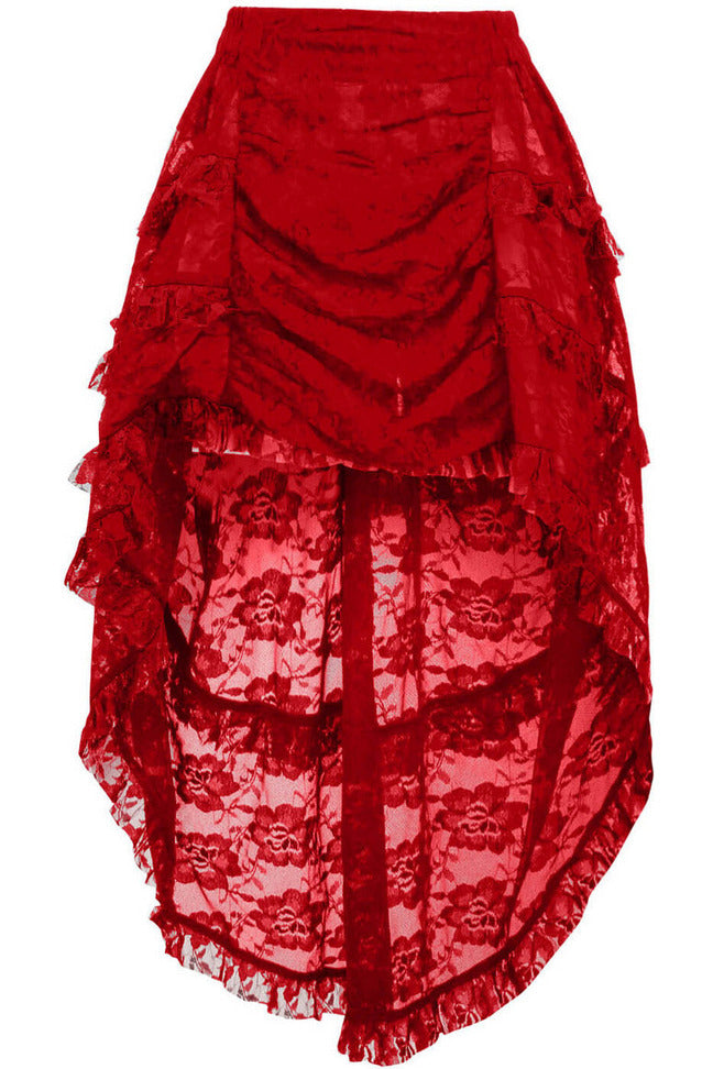 Red Lace Ruched Front High Low Lace Skirt.