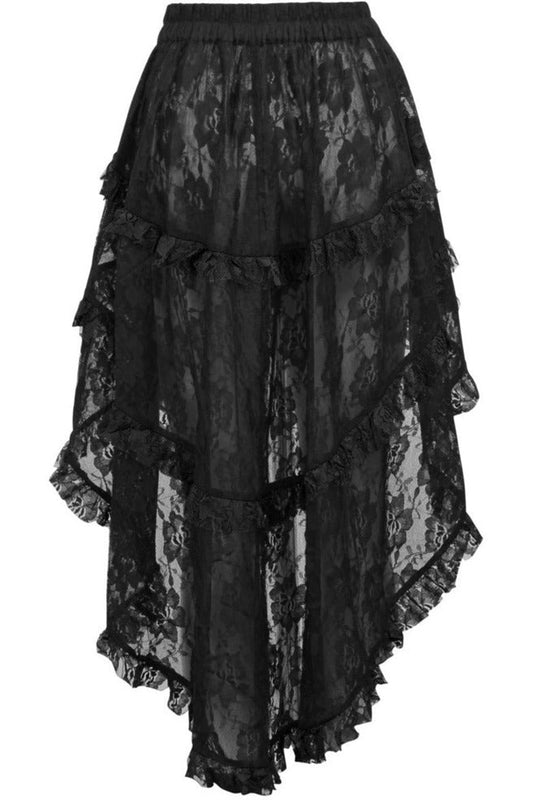 Black Lace Ruched Front High Low Lace Skirt.