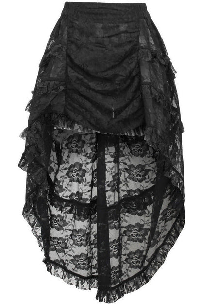Black Lace Ruched Front High Low Lace Skirt.