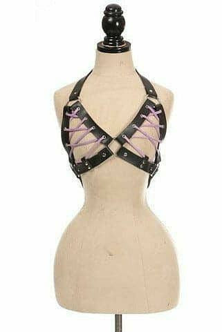 Black Faux Leather Lace-Up Bra Top - Lavender.