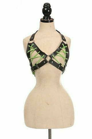 Black Faux Leather Lace-Up Bra Top - Neon Green-Daisy Corsets