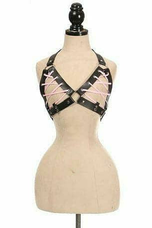 Black Faux Leather Lace-Up Bra Top - Lt Pink.