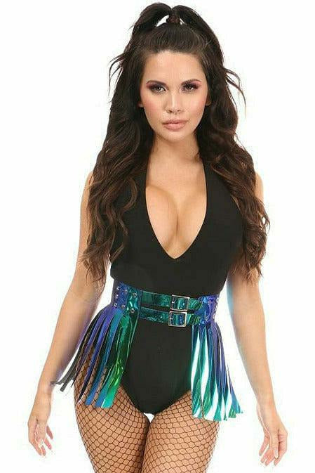 Teal Blue Fringe Dance Skirt with Holographic Accents.