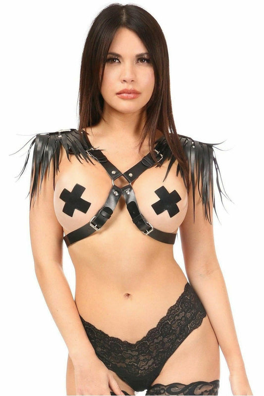Black Vegan Leather Body Harness w/Shoulder Fringe.