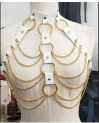 White & Gold Faux Leather Body Harness.