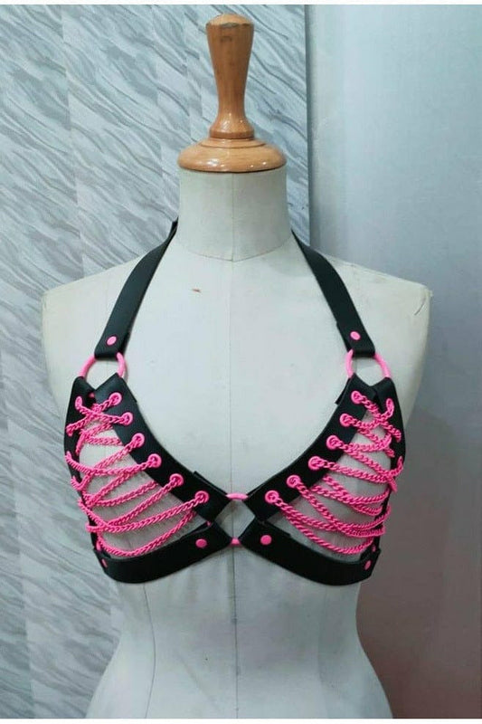 Candy Collection - Pink Chain Lace-Up Bra Top Harness.