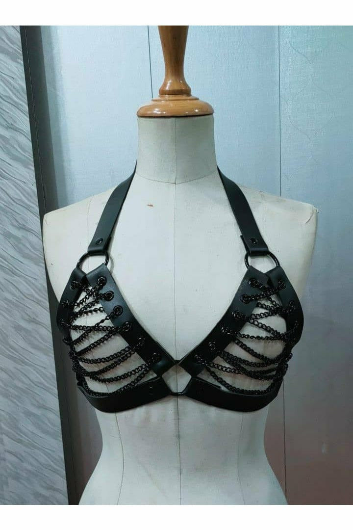Candy Collection - Black Chain Lace-Up Bra Top Harness.