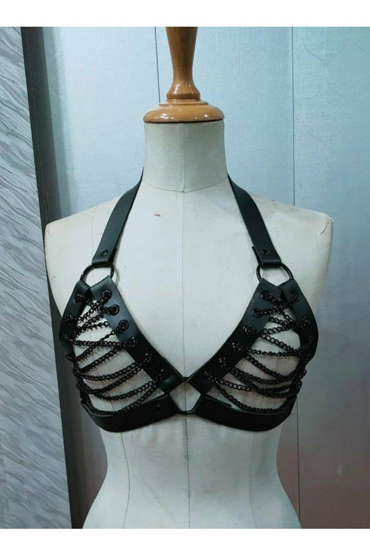Candy Collection - Black Chain Lace-Up Bra Top Harness.