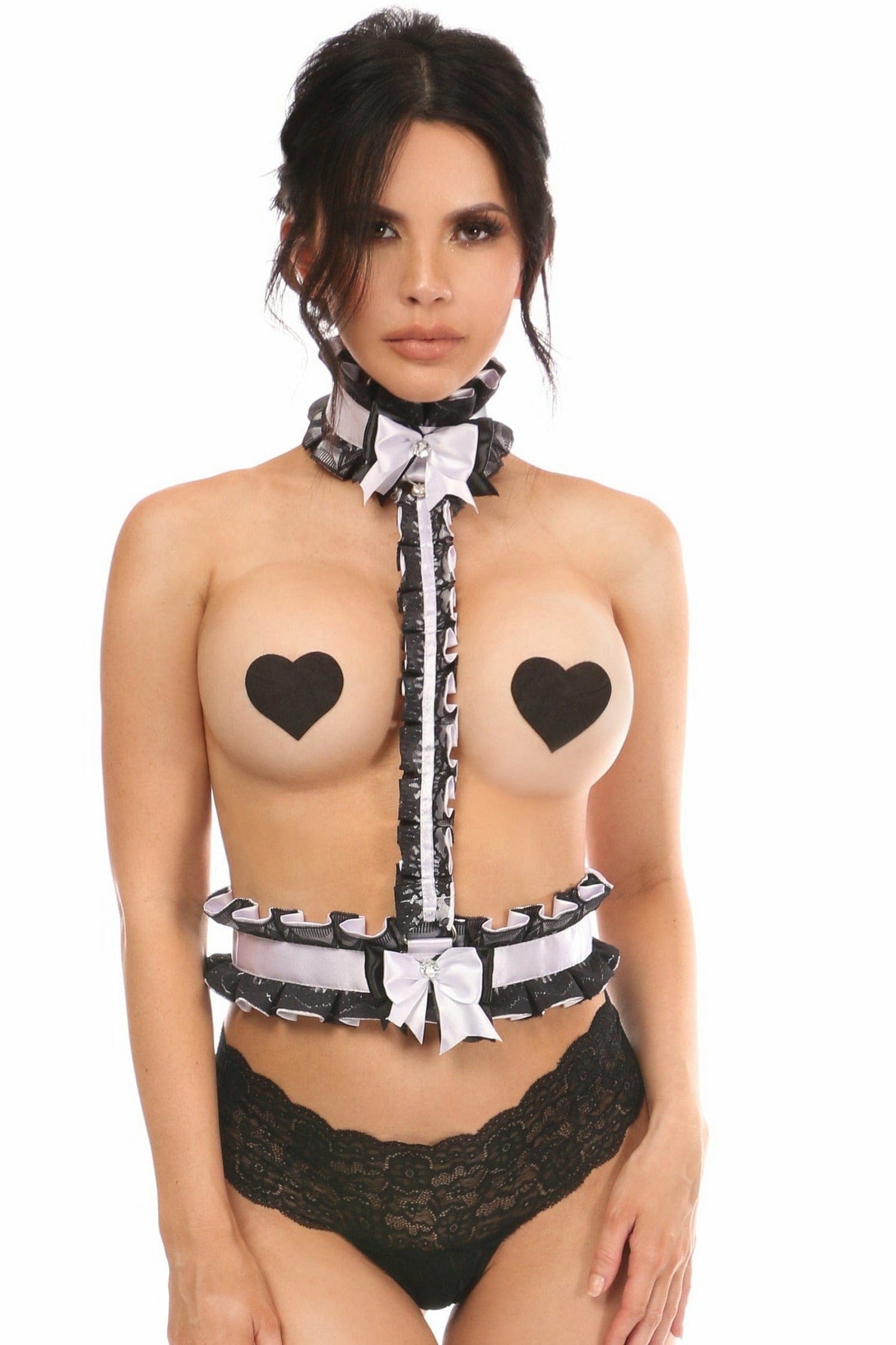 Kitten Collection White/Black Lace Single Strap Body Harness.