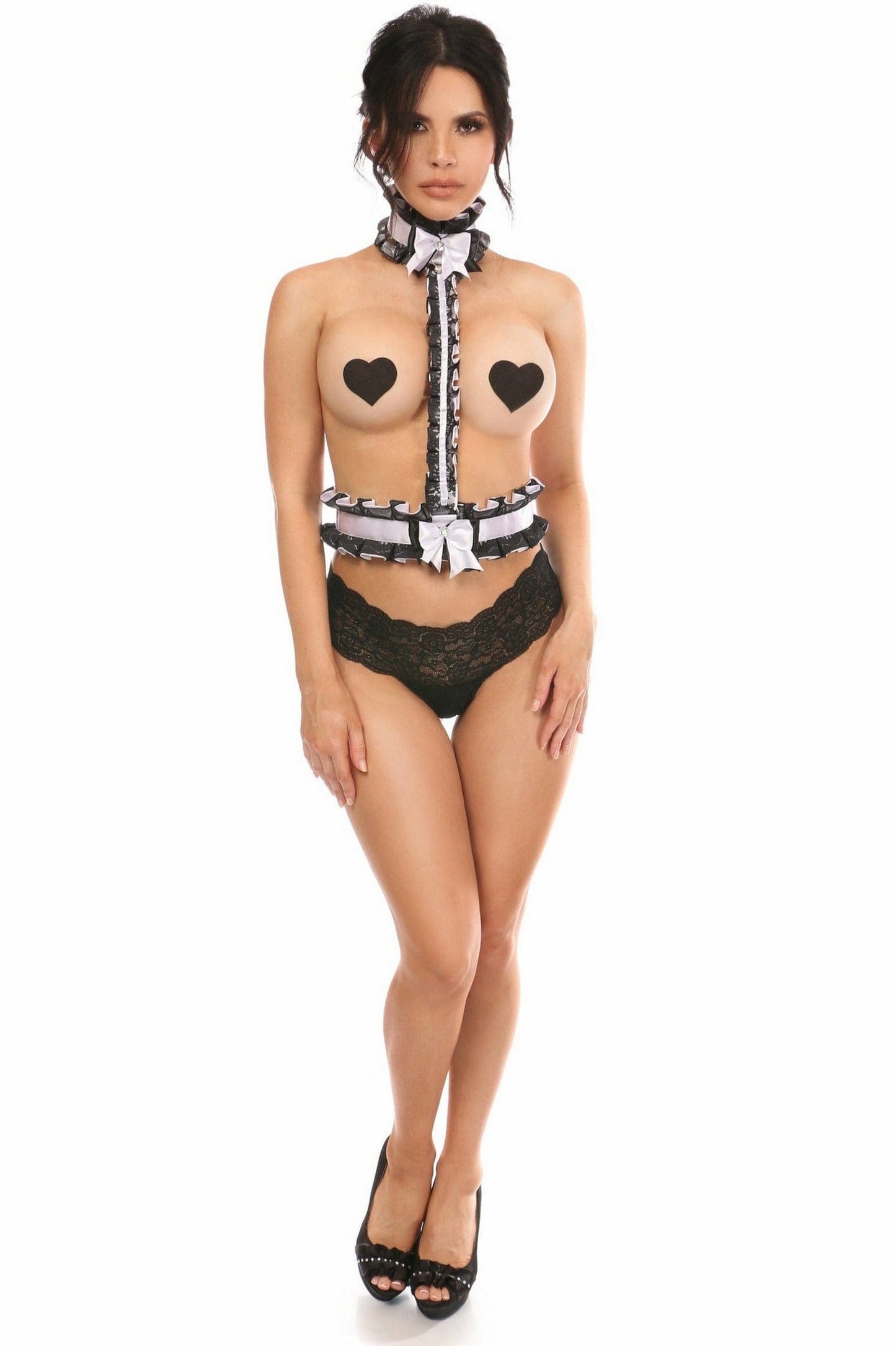 Kitten Collection White/Black Lace Single Strap Body Harness.