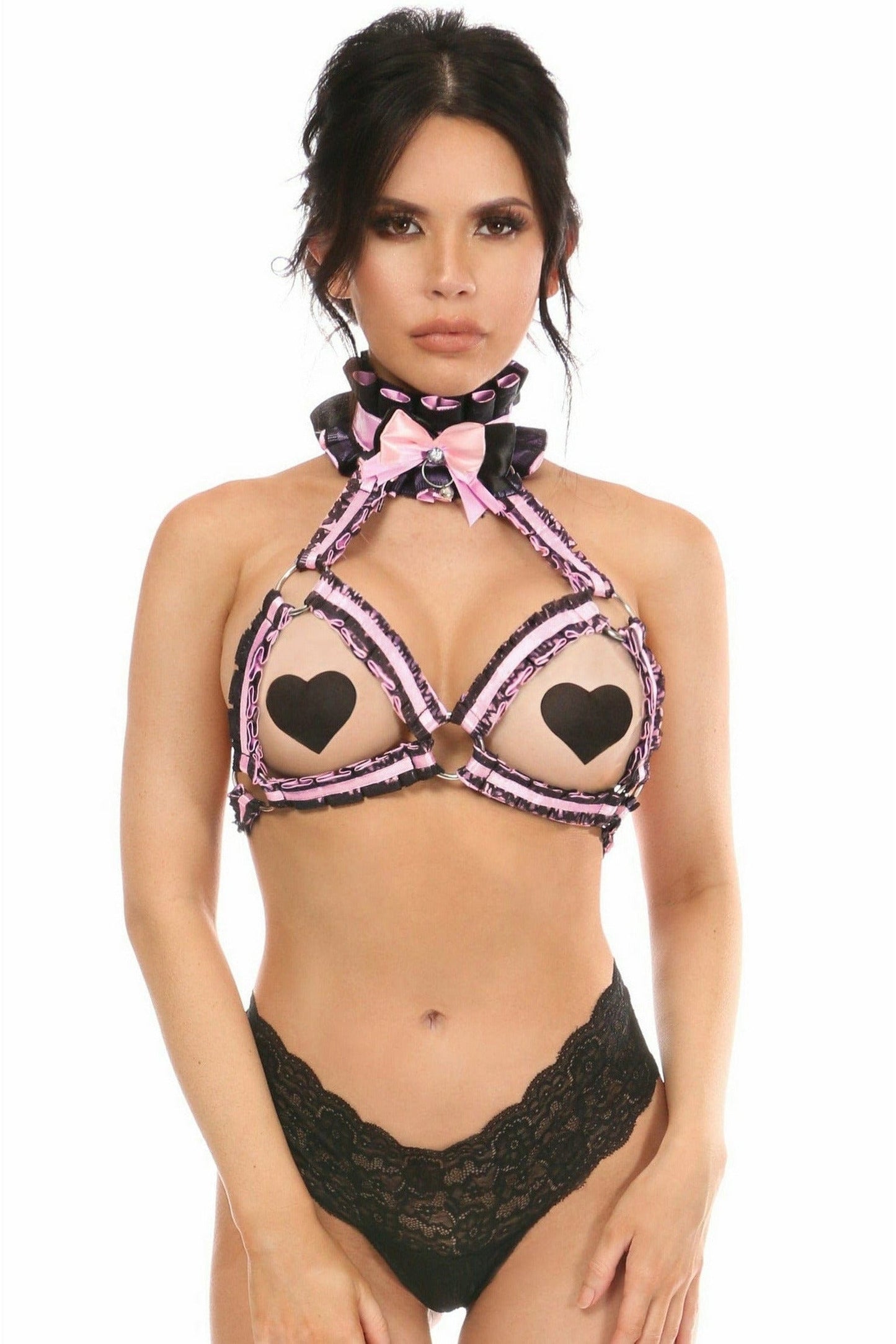 Kitten Collection Lt Pink/Black Lace Bra Top Body Harness.