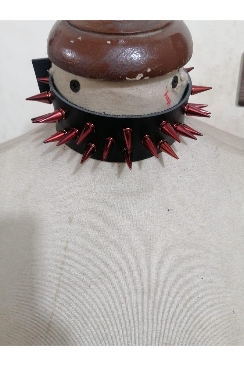 Black Faux Leather & Red Metallic Spike Choker-Daisy Corsets