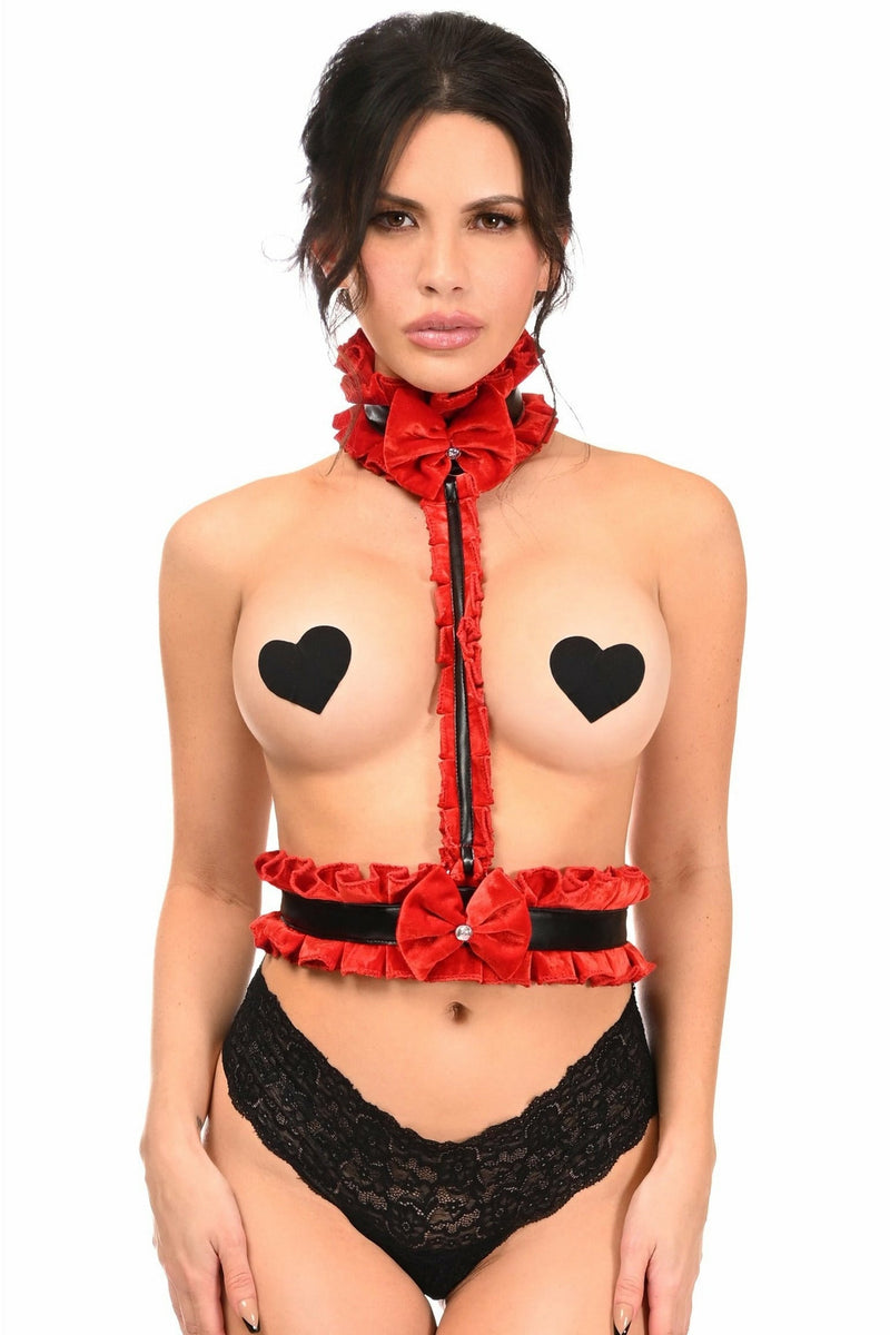 Kitten Collection Red Velvet & Faux Leather Single Strap Body Harness-Daisy Corsets