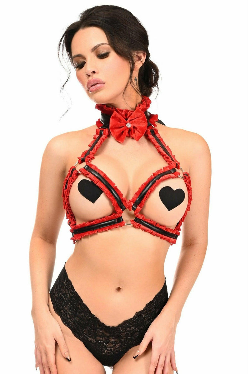 Kitten Collection Red Velvet & Faux Leather Triangle Top Body Harness-Daisy Corsets