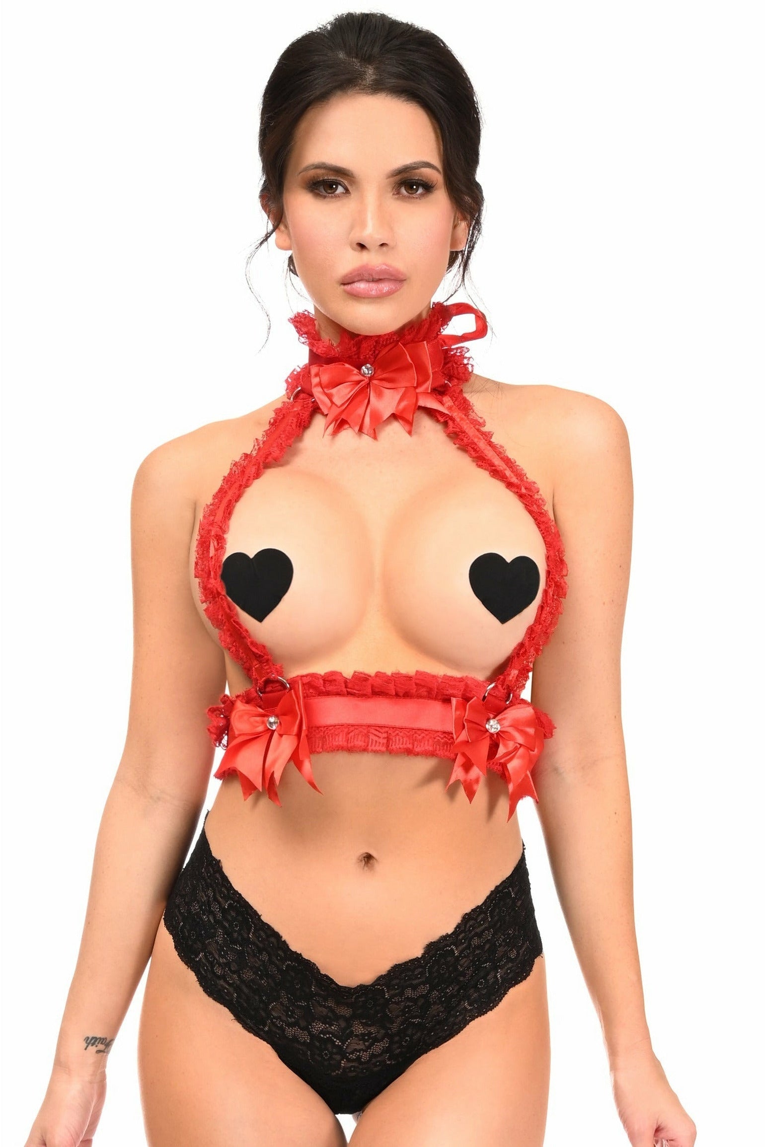 Kitten Collection Red/Red Lace Double Strap Body Harness-Daisy Corsets