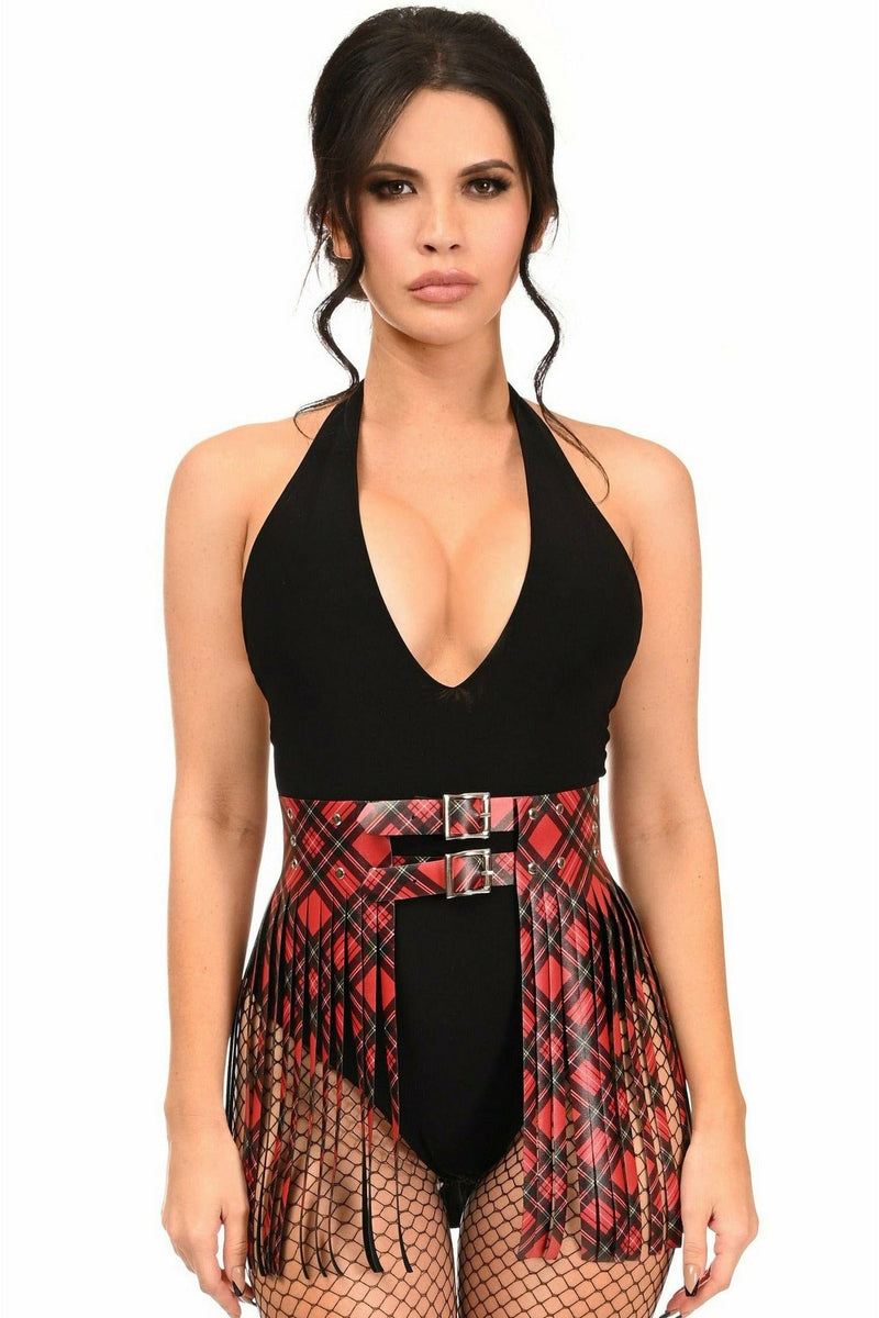 Red Plaid Faux Leather Fringe Skirt-Daisy Corsets