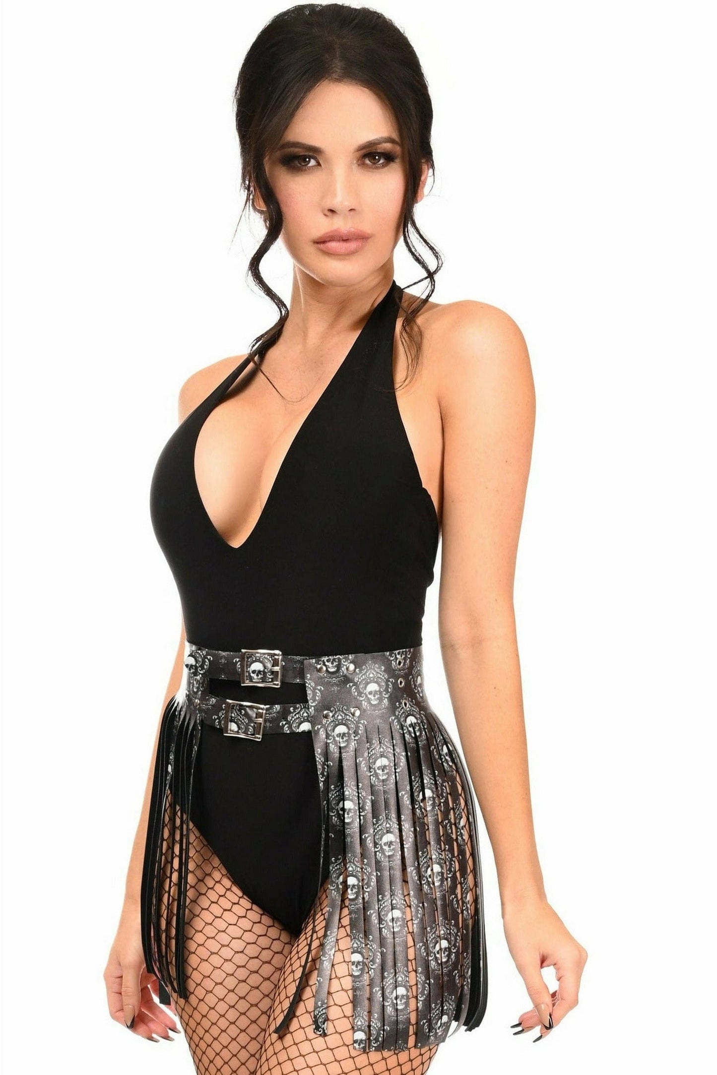 Black & White Skull Faux Leather Fringe Skirt.