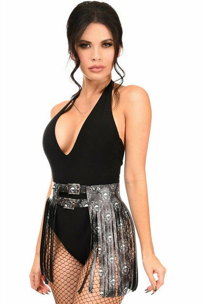 Black & White Skull Faux Leather Fringe Skirt.