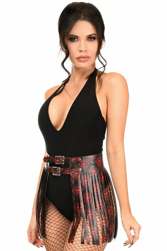 Black & Red Skull Faux Leather Fringe Skirt.