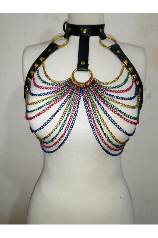 Black Faux Leather & Rainbow Metallic Chain Harness.