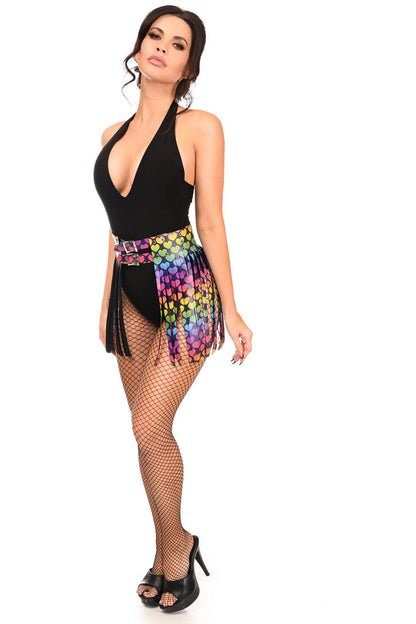 Rainbow Hearts Faux Leather Fringe Skirt.