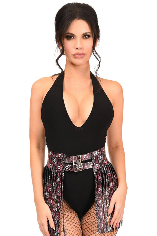 Pink & White Skulls Faux Leather Fringe Skirt.