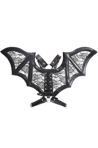 Black/Black Faux Leather & Lace Wing Harness-Daisy Corsets