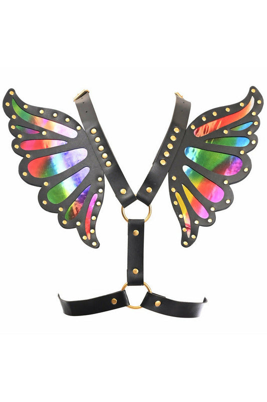 Black Faux Leather & Rainbow Holo Butterfly Wing Harness.