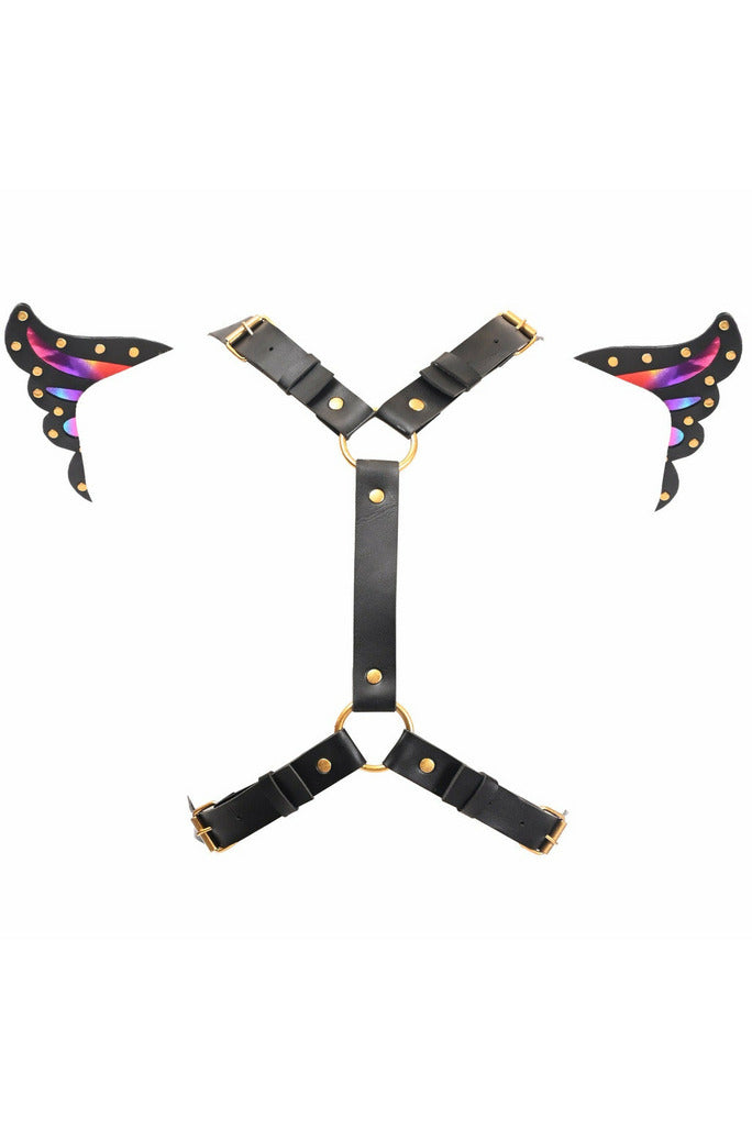 Black Faux Leather & Rainbow Holo Butterfly Wing Harness-Daisy Corsets