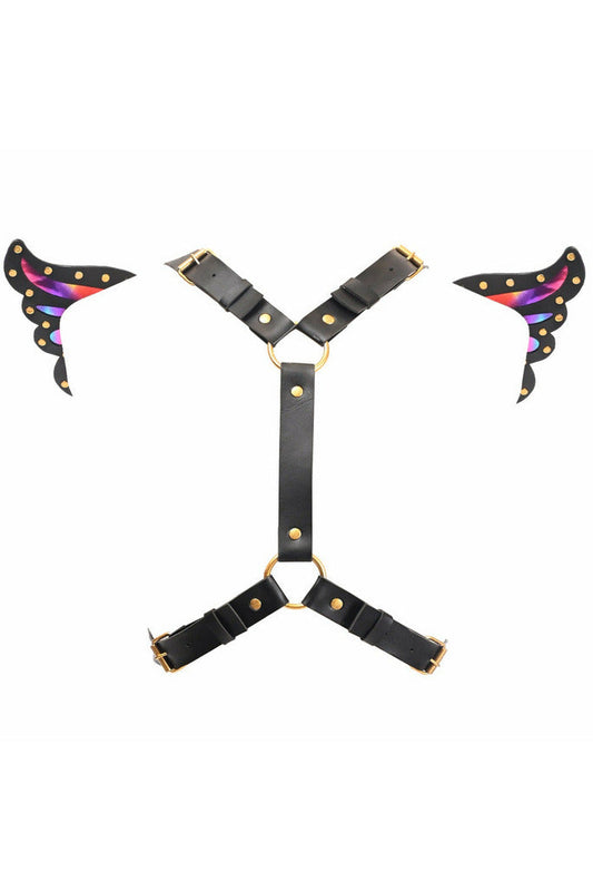 Black Faux Leather & Rainbow Holo Butterfly Wing Harness.