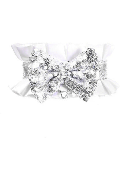 Kitten Collection White/Silver Satin & Sequin Choker.