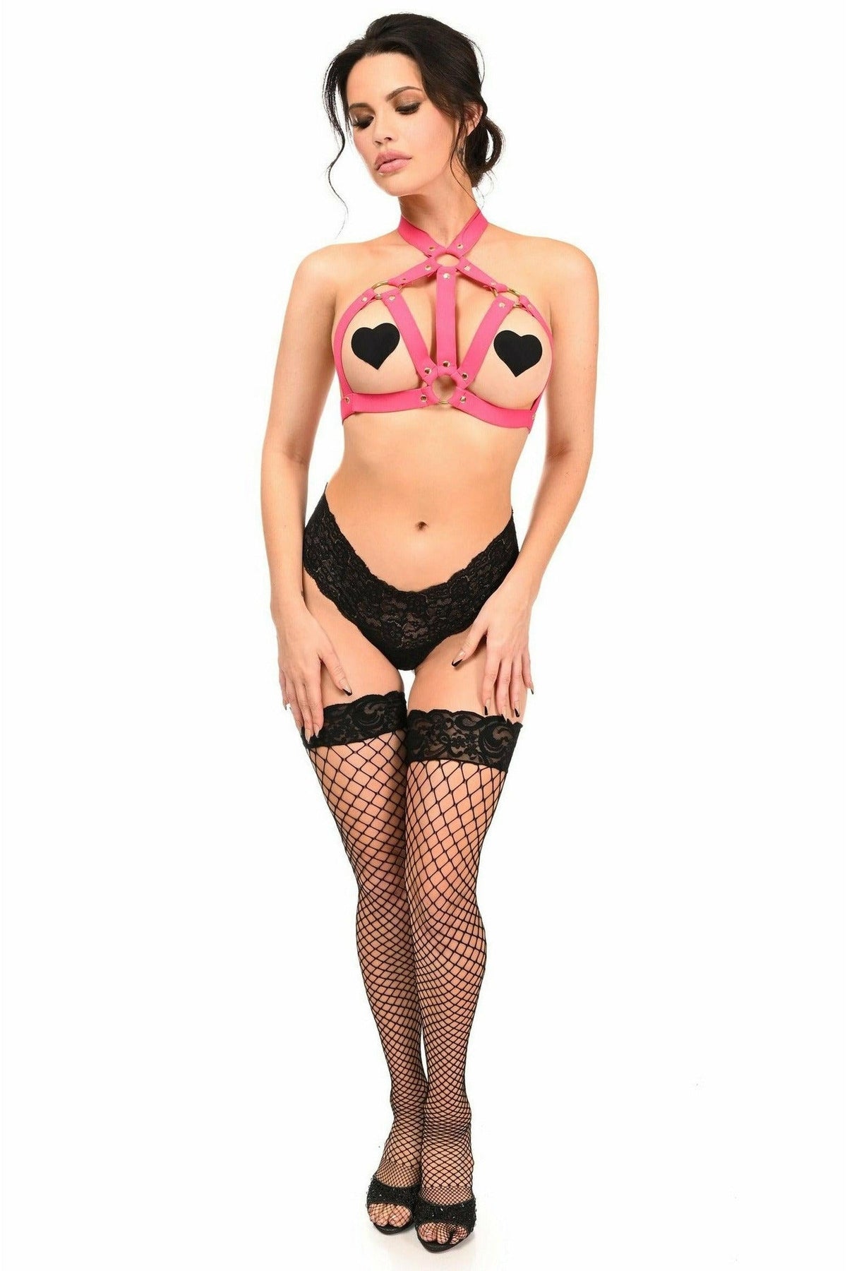 BOXED Hot Pink Stretchy Body Harness w/Gold Hardware-Daisy Corsets