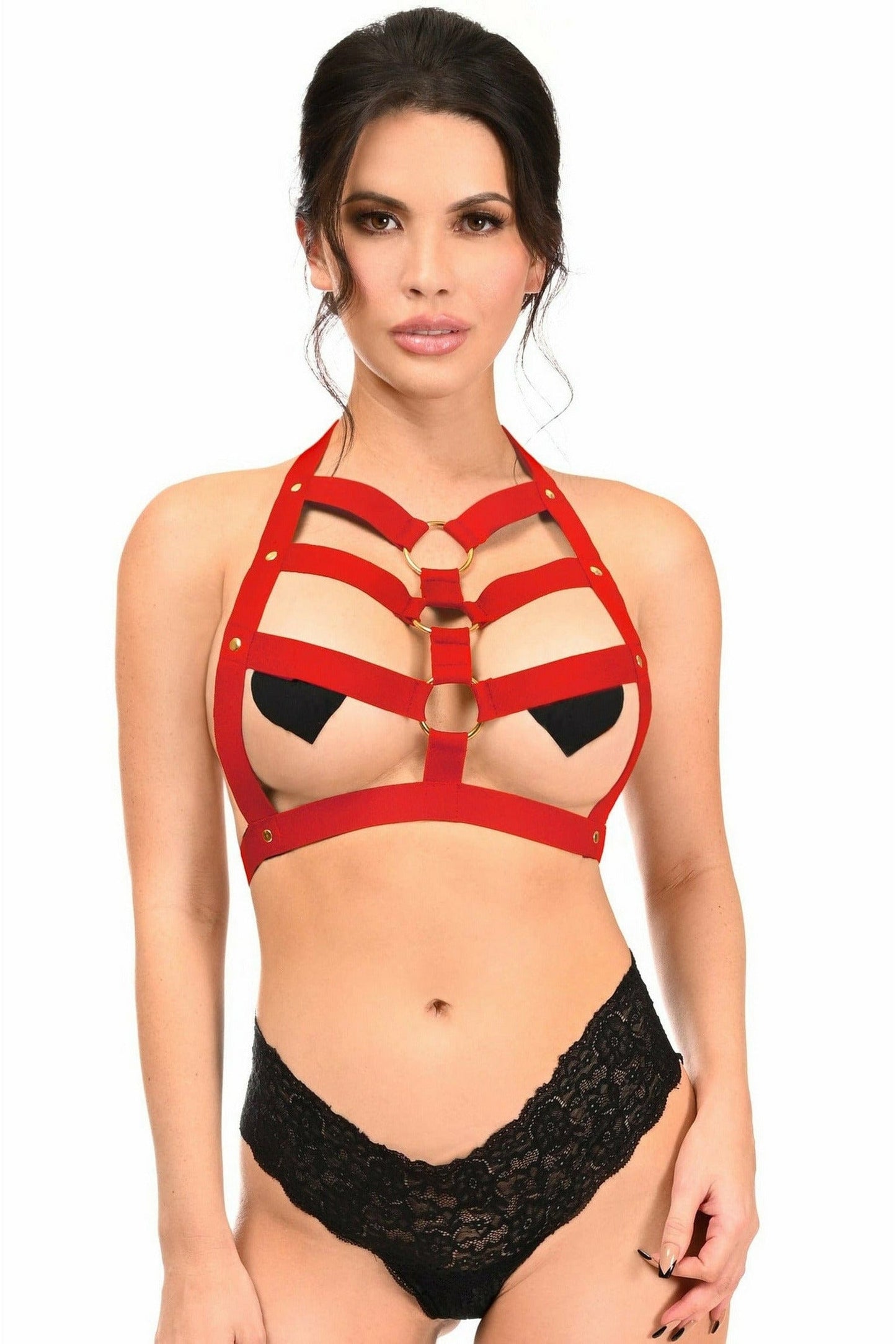 BOXED Dark Red Stretchy Body Harness w/Gold Hardware.