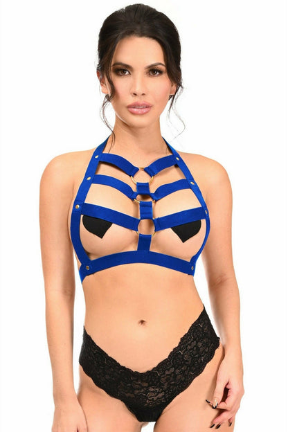 BOXED Royal Blue Stretchy Body Harness w/Gold Hardware.
