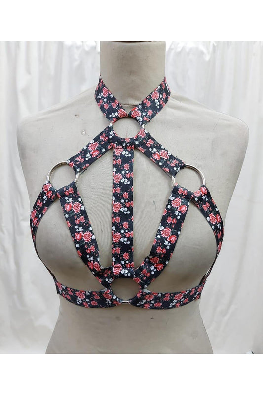 Floral Print Stretchy Body Harness w/Silver Hardware.