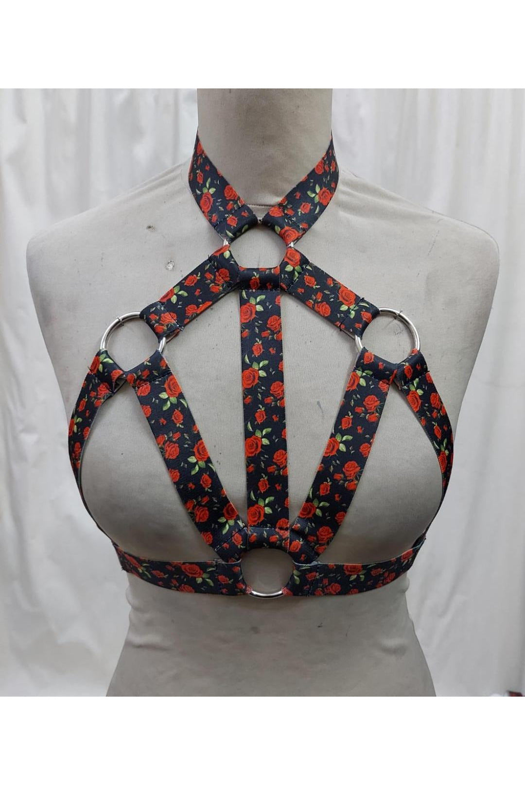 Red Roses Stretchy Body Harness w/Silver Hardware-Daisy Corsets