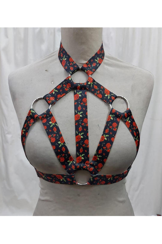 Red Roses Stretchy Body Harness w/Silver Hardware.