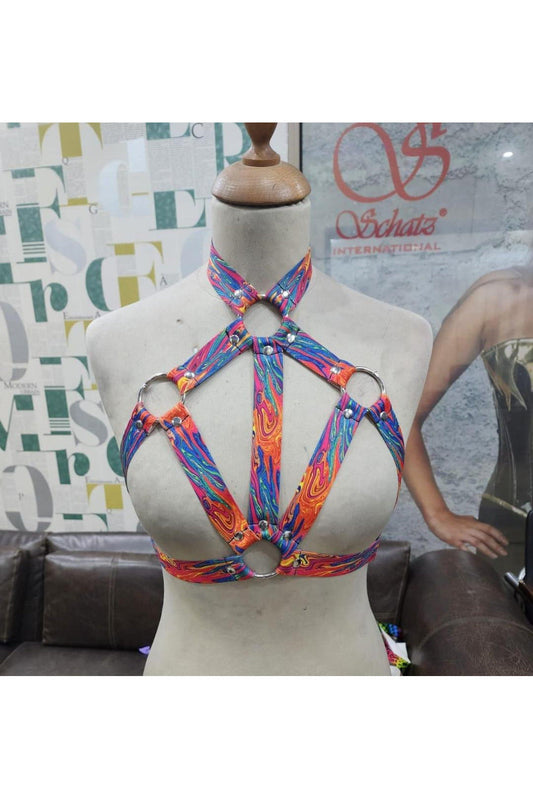 Tie Dye Print Stretchy Body Harness w/Silver Hardware.