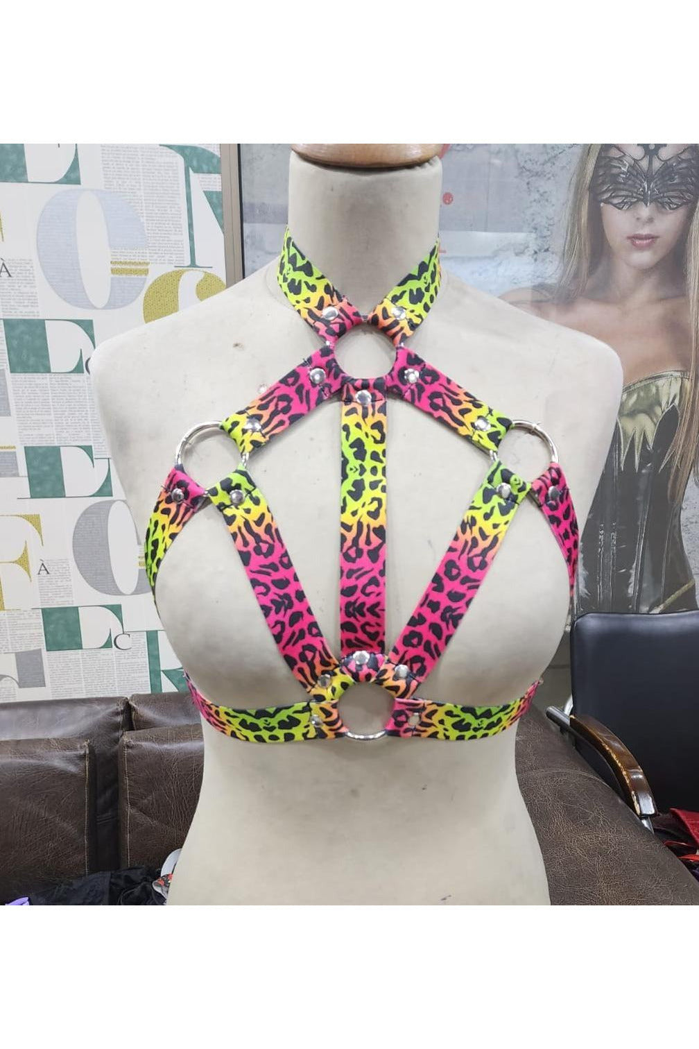 Leopard Print Stretchy Body Harness w/Silver Hardware.