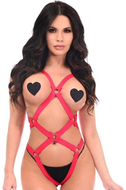 BOXED Red Stretchy Body Harness Bodysuit w/Silver Hardware.