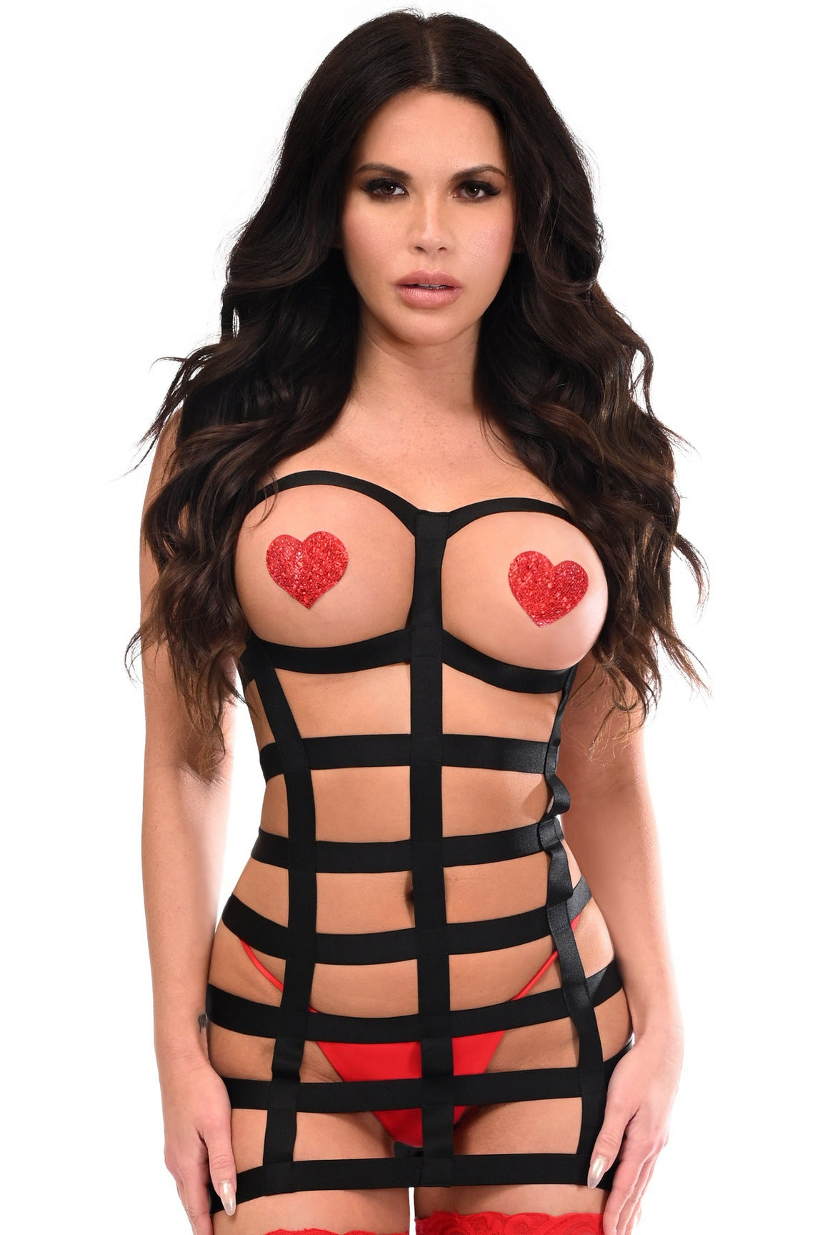 BOXED Black Stretchy Cage Dress Body Harness w/Silver Hardware.