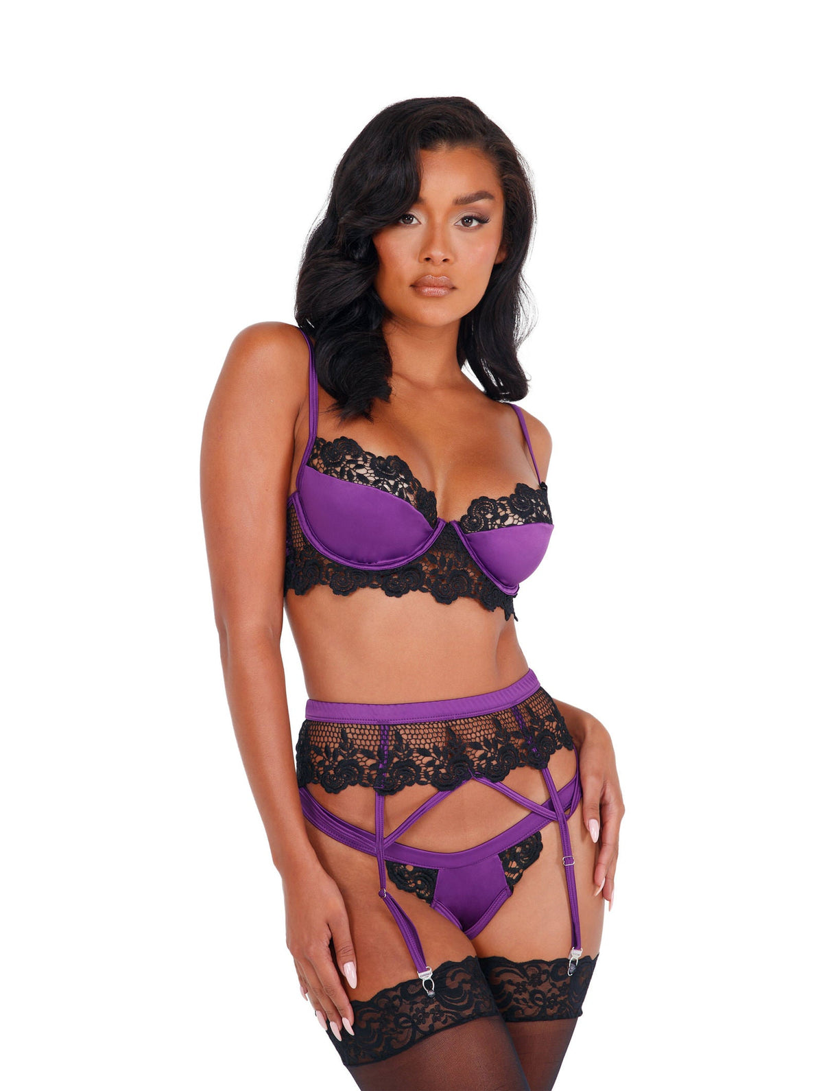 3pc Embroidered Lace & Satin Bralette Garter Set Roma Confidential-Roma Costume