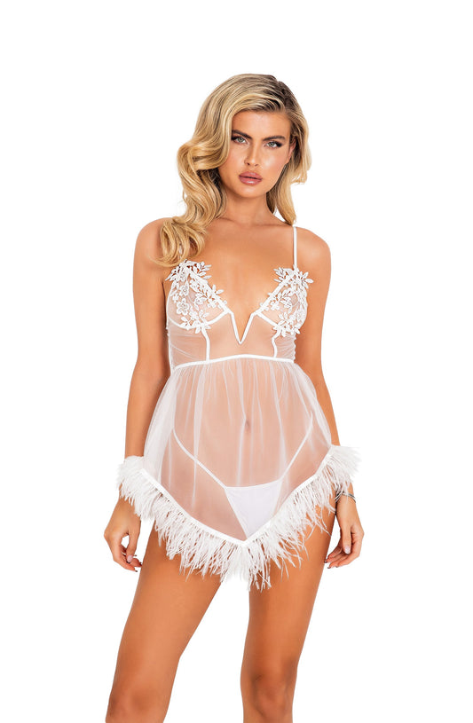 Roma 2pc Bridal Corset Chemise with Ostrich Feather Trim & Panty Roma Confidential.