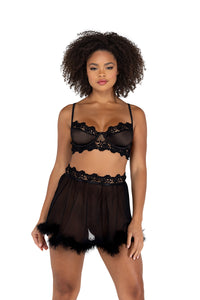 2PC Mesh Underwire Bralette & Skirt Set with Faux Fur Detail Roma Confidential-Roma Costume
