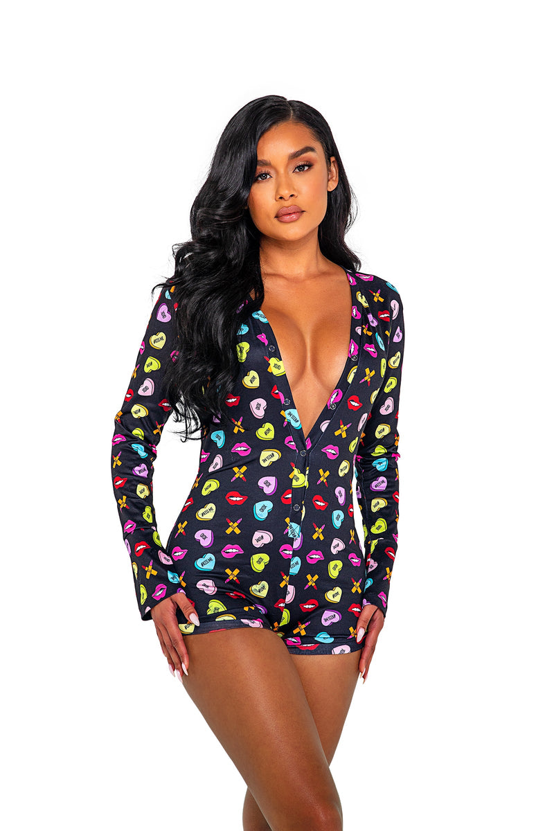 Sweetheart Printed Long Sleeved Romper Roma Confidential-Roma Costume