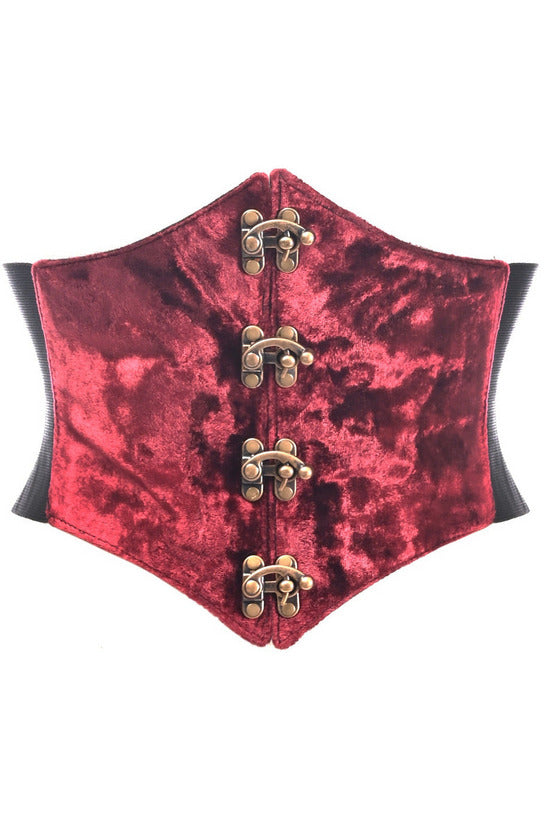 Lavish Dark Red Crushed Velvet Corset Belt Cincher w/Clasps-Daisy Corsets
